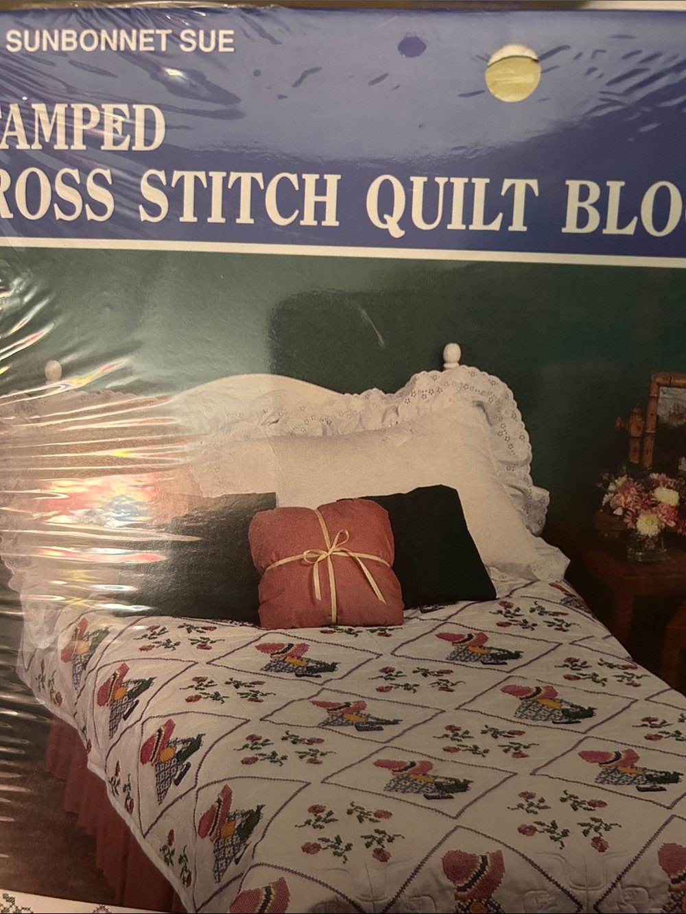 Stamped Cross Stitch Quilt Blocks - White with Multicolor Sunbonnet Sue Motifs - Picture 6 of 9